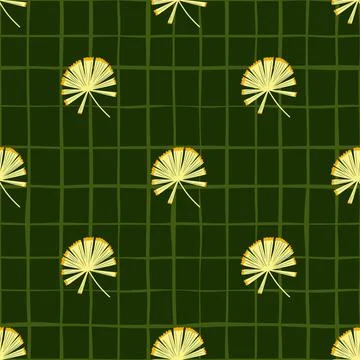 Spring seamless pattern with yellow palm licuala ornament. Green chequered ba Illustrazione stock