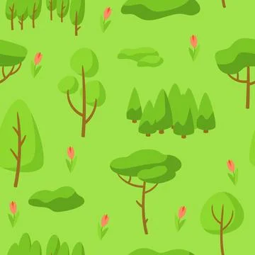 Spring seamless pettern with forest, trees and bushes. Stock Illustration