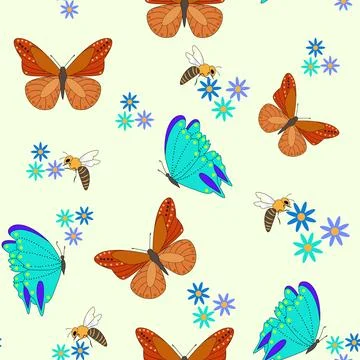 Spring seamless vector pattern. Butterflies flowers and bees on a light bac.. Stock Illustration