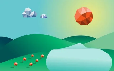 Spring season Low poly background. Mountain river and cloud and flowers in co Stock Illustration