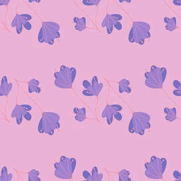 Spring season seamless pattern with purple abstract doodle flowers elements.  Stock Illustration