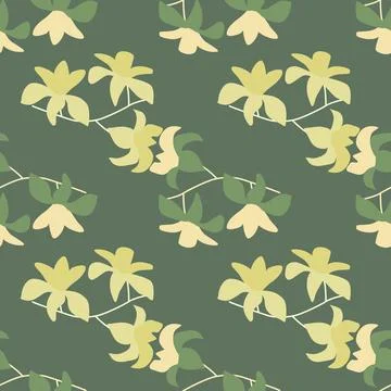 Spring season seamless pattern with yellow random hawaii flowers ornament. Gr Ilustración de archivo