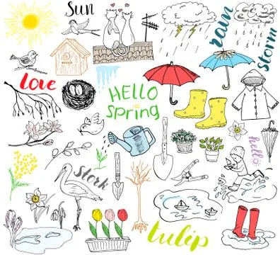 Spring season set doodles elements. Hand drawn sketch set with umbrella, rain イラスト素材
