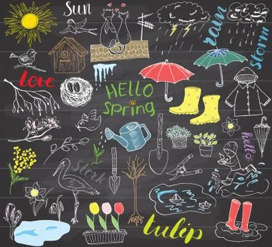 Spring season set doodles elements. Hand drawn sketch set with umbrella, rain Stockillustratie