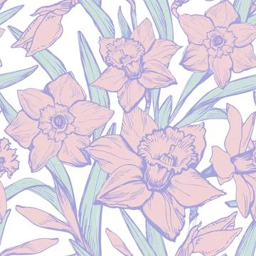 Spring sensual floral seamless pattern with hand drawn flowers daffodils. Stock Illustration
