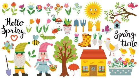 Spring set of design elements with garden gnomes, house, birds and flowers. Stock Illustration