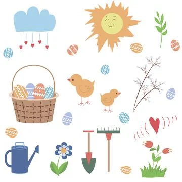 Spring set, drawn elements - flowers, birds, Easter basket. Vector illustration. Illustrazione stock