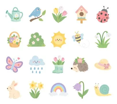 Spring set featuring watering can bird tulips Ilustração Stock