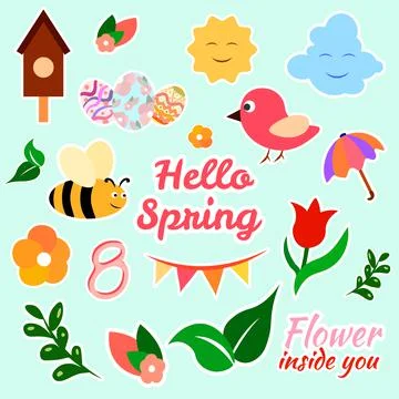 Spring set flat cartoon collection of isolated design elements colorful stick Stockillustratie