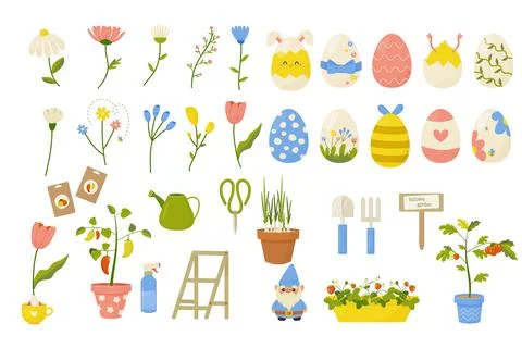 Spring Set. Flowers, Easter eggs and gardening. Spring Season. Vector illus.. Stock Illustration