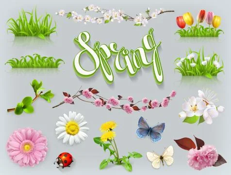 Spring set. Grass and flowers. 3d vector icon Stock Illustration