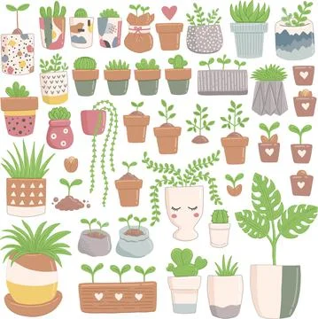 Spring set of green plants in flower pots, vector Stock Illustration
