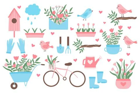 Spring set, hand drawn elements. Stock Illustration