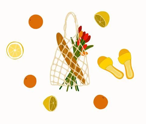Spring set of lemons and oranges with mesh bag and slippers Stock Illustration