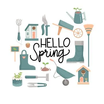 Spring set with lettering, flat design, vector Stock Illustration