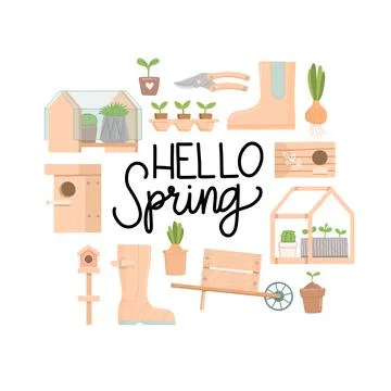 Spring set with lettering, flat design, vector Stock Illustration