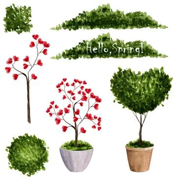 Spring set of plants in a pot in the form of hearts. Watercolor green bushes Stock Illustration