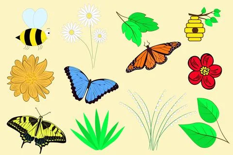 Spring set. Vector elements for design, spring paraphernalia. Flowers bees Illustrazione stock