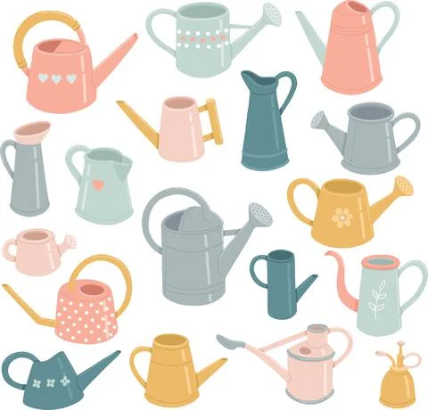 Spring set of watering cans in different colors Stock Illustration