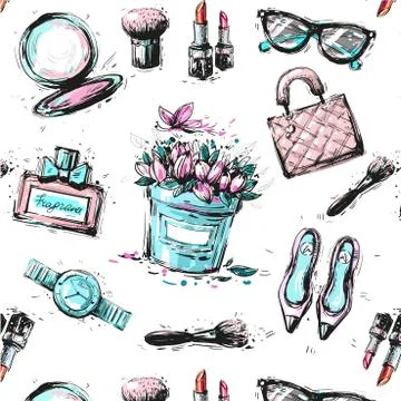 Spring Shopping Pattern. Accessories, Clothing and Fashion Elements. Vector Stock Illustration