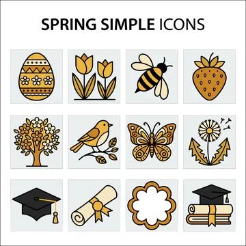 Spring simple icons collection featuring an Easter egg, tulips, bee, strawb.. Illustrazione stock