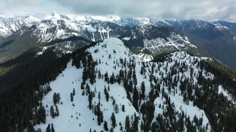 Spring snow on a forested mountain top, Cloudy Day, Aerial View Stock Footage 289557588
