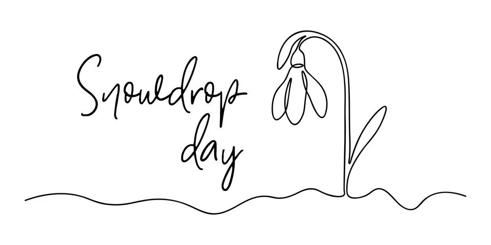 Spring snowdrop flower in continuous line art style. Spring background with.. Stock Illustration