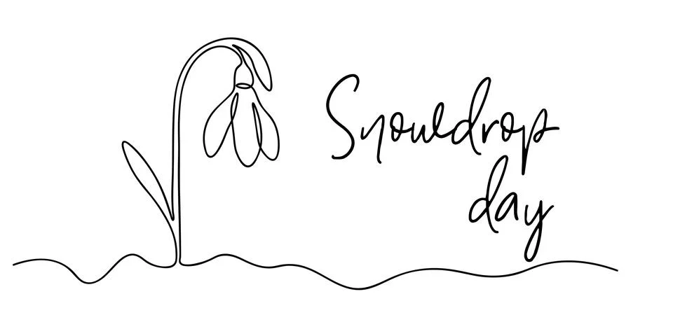 Spring snowdrop flower in continuous line art style. Spring background with.. Stock Illustration