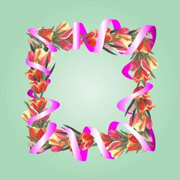 Spring square frame of tulips with ribbon Stock Illustration