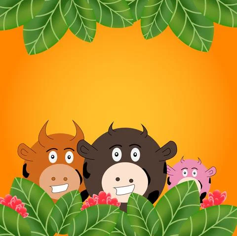 Spring square pattern design of the poster. A smiling family of cows on a Stock Illustration