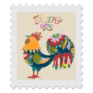 A spring stamp with Easter floral holiday motifs in a naive folk art style. V Stock Illustration