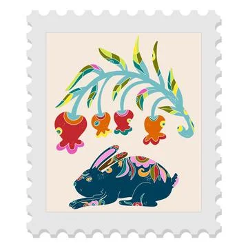 A spring stamp with Easter floral holiday motifs in a naive folk art style. V Stock Illustration