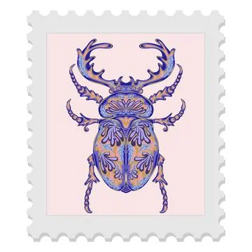 A spring stamp featuring a beetle and festive floral motifs in Art Nouveau st Stock Illustration