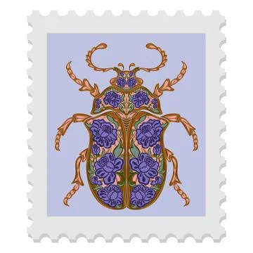 A spring stamp featuring a beetle and festive floral motifs in Art Nouveau st Illustrazione stock