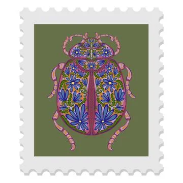 A spring stamp featuring a beetle and festive floral motifs in Art Nouveau st Stock Illustration