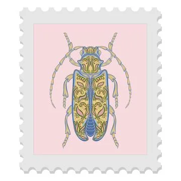 A spring stamp featuring a beetle and festive floral motifs in Art Nouveau st Stock Illustration
