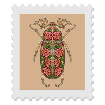 A spring stamp featuring a beetle and festive floral motifs in Art Nouveau st Illustrazione stock