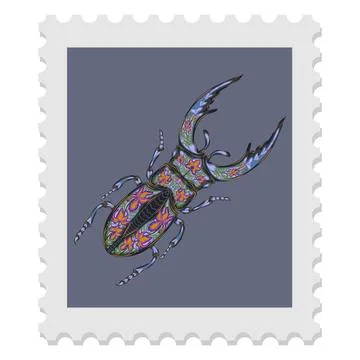 A spring stamp featuring a beetle and festive floral motifs in Art Nouveau st Stock Illustration