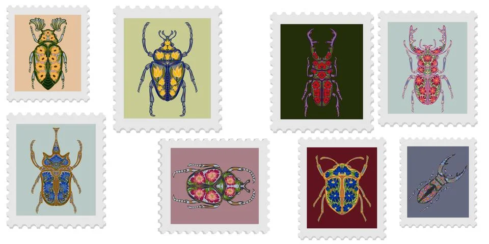 A spring stamp featuring a beetle and festive floral motifs in Art Nouveau st Stock Illustration