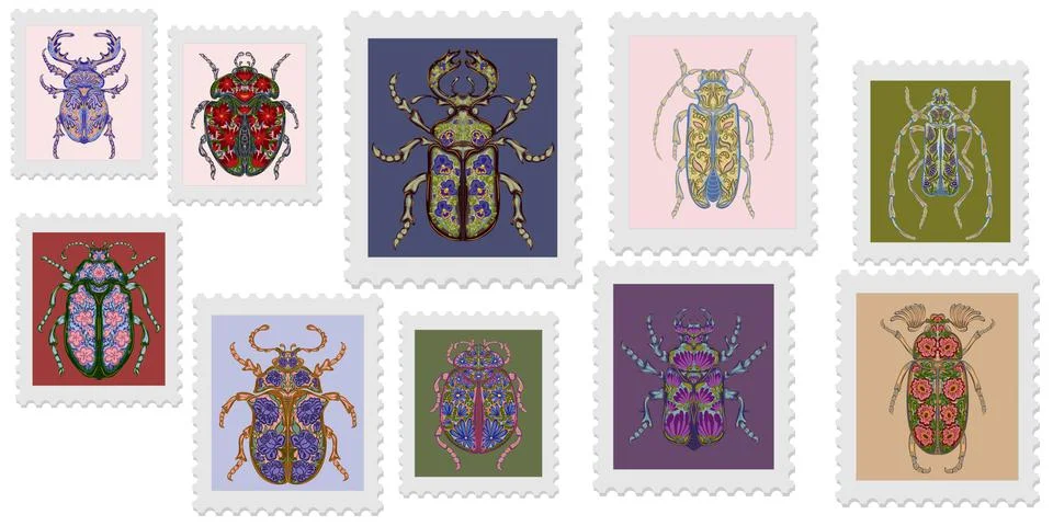 A spring stamp featuring a beetle and festive floral motifs in Art Nouveau st Stock Illustration