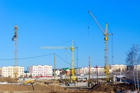 Spring start of building construction, construction site organization Stock Photos