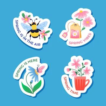 Spring stickers set with flowers, bee and butterfly Stock Illustration
