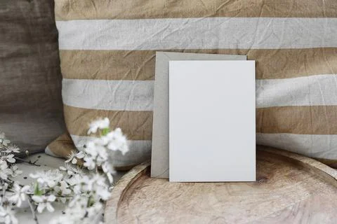 Spring still life composition. Blank greeting card mockup, craft envelope Fotos Stock