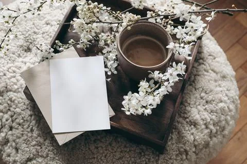 Spring still life composition. Greeting card mockup, cup of coffee. Feminine Fotos de archivo