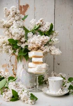 Spring still life, a stack of waffle ice cream in a bowl and on a saucer, w.. Stock Photos