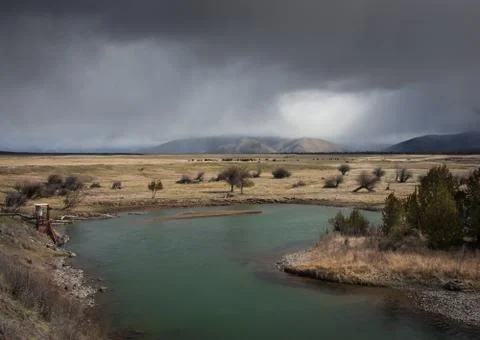 Spring storm over beautiful river Foto stock