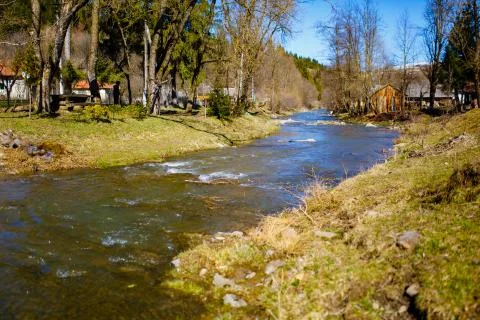 Spring stream flowing along rural area. Mountain region Stock Photos