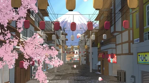 Spring Street with Sakura and Mount Fuji - Japanese Anime Town Loop 4K Stock Footage 335575741