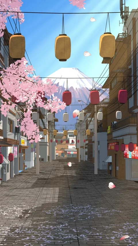 Spring Street with Sakura and Mount Fuji - Japanese Anime Town Loop vertical 4K Vídeos de archivo 335575850