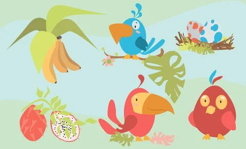 Spring style pictures with elements of the island with birds and bananas Stock Illustration